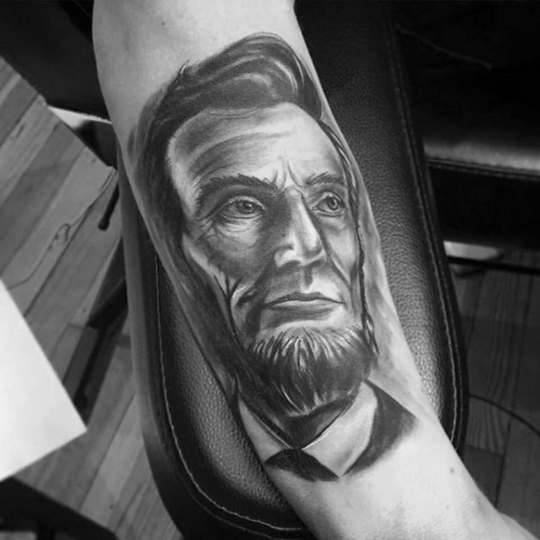 Black and grey ink shaded inner forearm cool male abraham lincoln tattoo designs