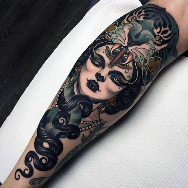 Black haired lady and beast neo traditional tattoo mens forearms Black haired lady and beast neo traditional tattoo mens forearms