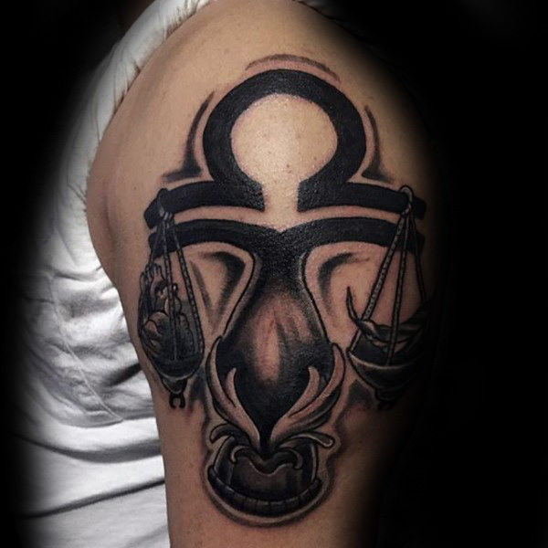 Black ink astrological sign libra zodiac male upper arm tattoo designs