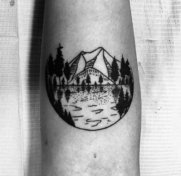 Black ink nature scene small male inner forearm tattoo