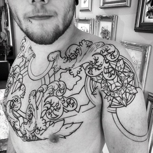 Black ink outline guys filigree chest tattoo Black ink outline guys filigree chest tattoo