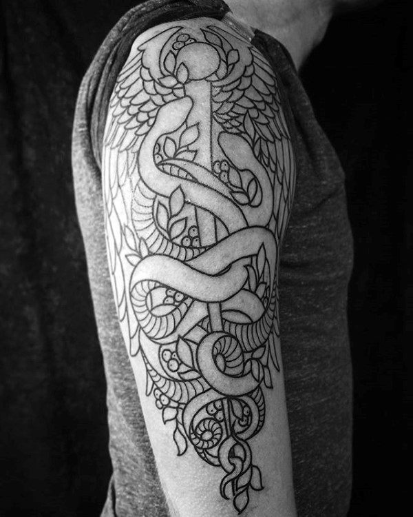 Black ink outline retro caduceus male tattoo ideas on arm