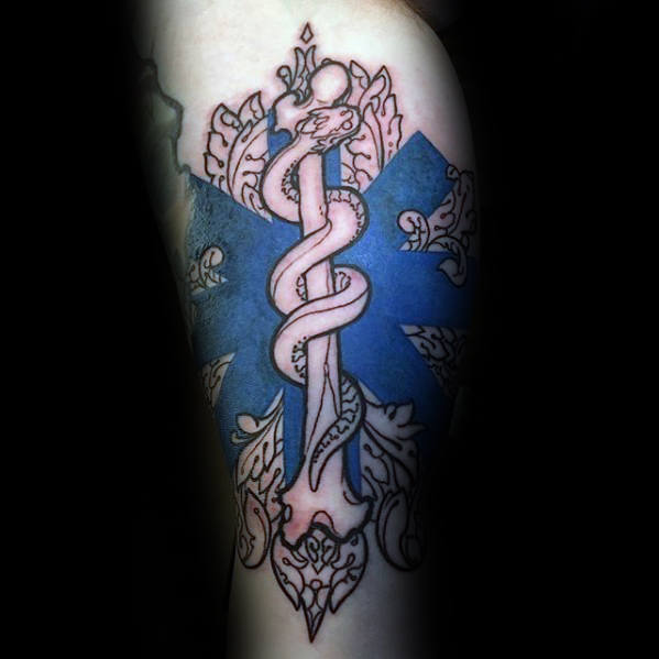 Black ink with blue design star of life guys leg tattoos