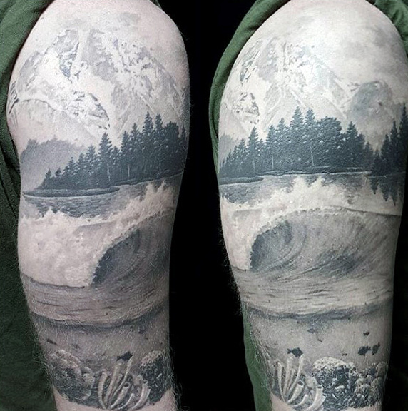 Black work half sleeve underwater scene and lake tattoo on male
