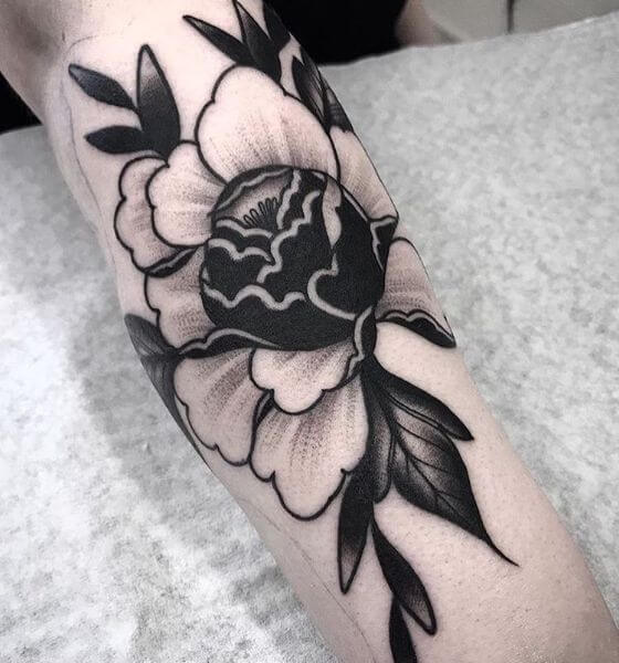 Blackwork Flower Tattoo on Calf
