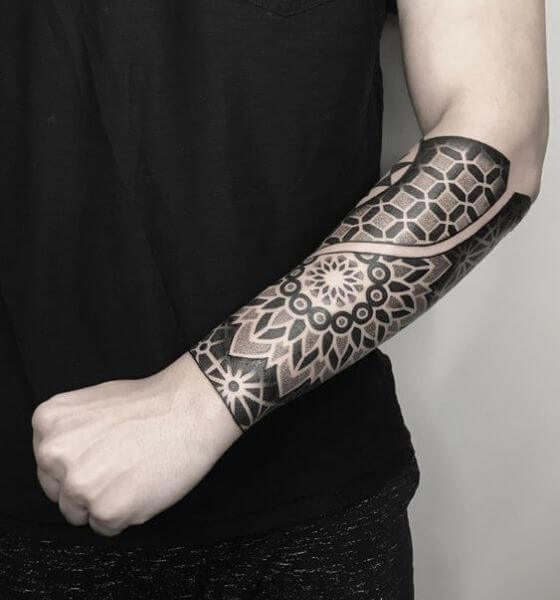 Blackwork geometric sleeve tattoos