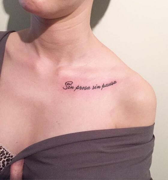 Blackwork Quote Tattoo on Collarbone