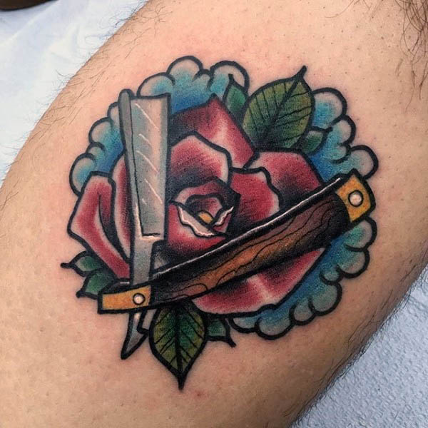 Blade and rose neo traditional tattoo guys arms