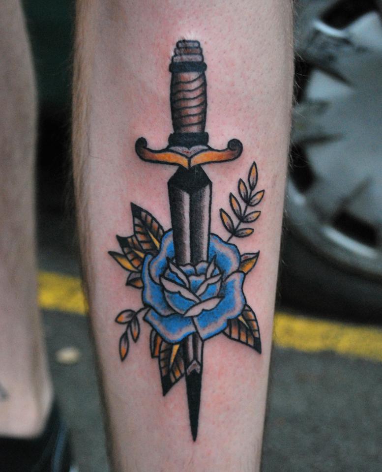Blue Rose And Dagger Tattoo