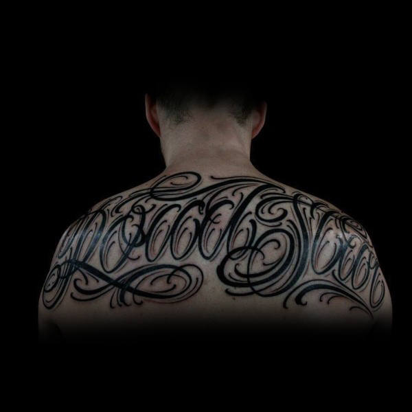 Boy decorative script upper back black ink tattoo