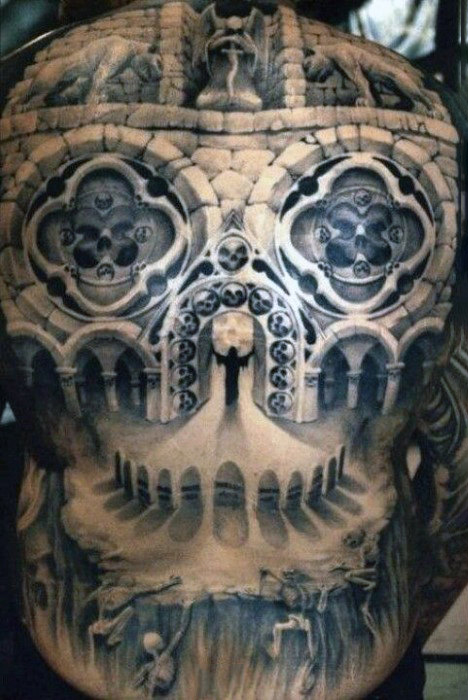 Building architecture optical illusion skull face design on mans back