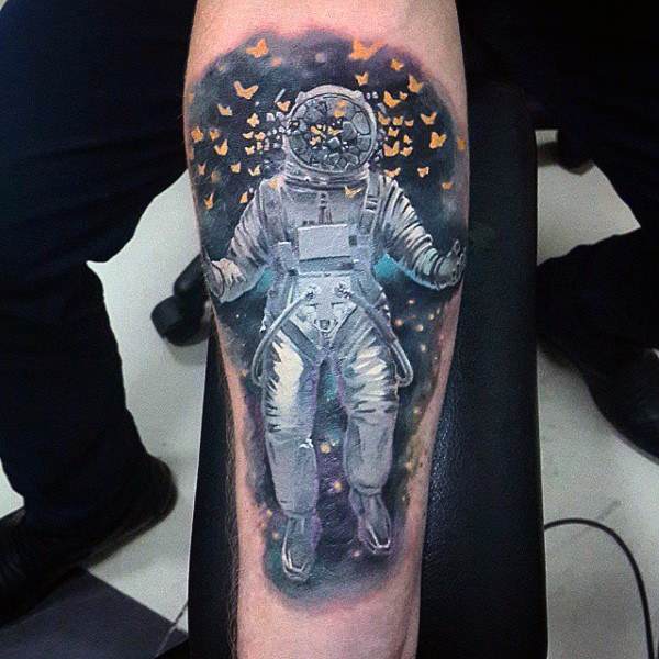 Butterflies and G Suit guy tattoo male forearm