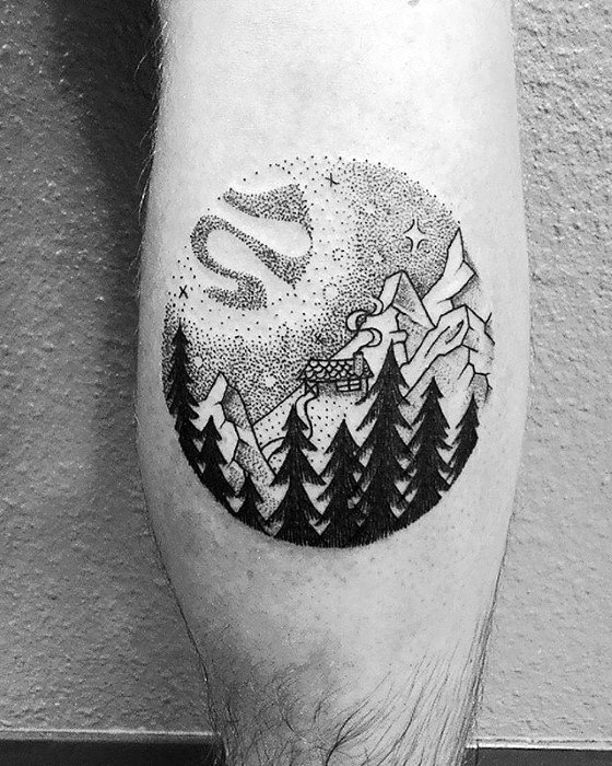 Cabin in the mountains small nature mens leg calf tattoo ideas