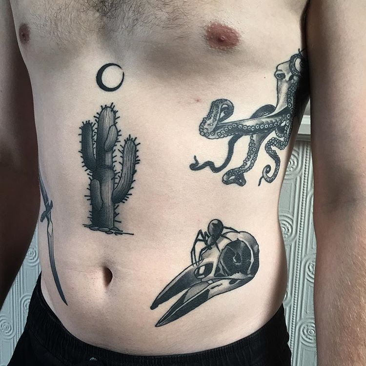 Cactus And Crescent Moon Tattoos On The Belly