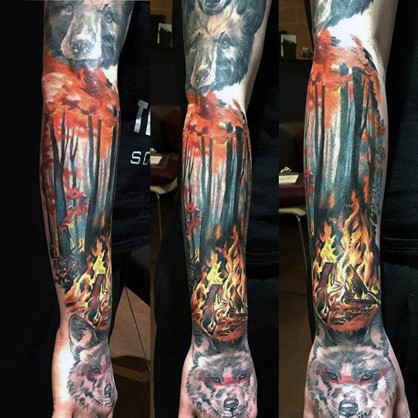 Campfire mens sleeve tattoo with forest background