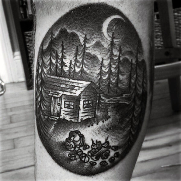 Cartoon black ink calf tattoo of log cabin on male