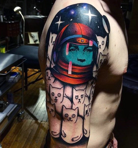 Cats and green astronaut tattoo mens sleeves