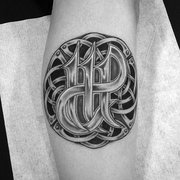 Celtic virgo mens leg calf tattoo