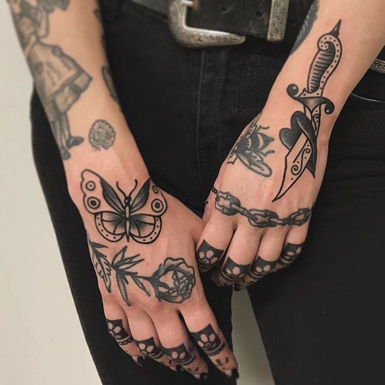 Chain, Dagger, Rose And Butterfly Tattoo