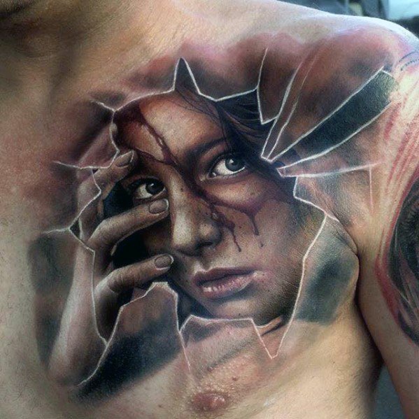 Chest 3d broken glass with female portrait tattoos guys