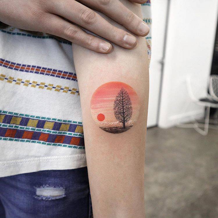 Circular Sunset Landscape Tattoo