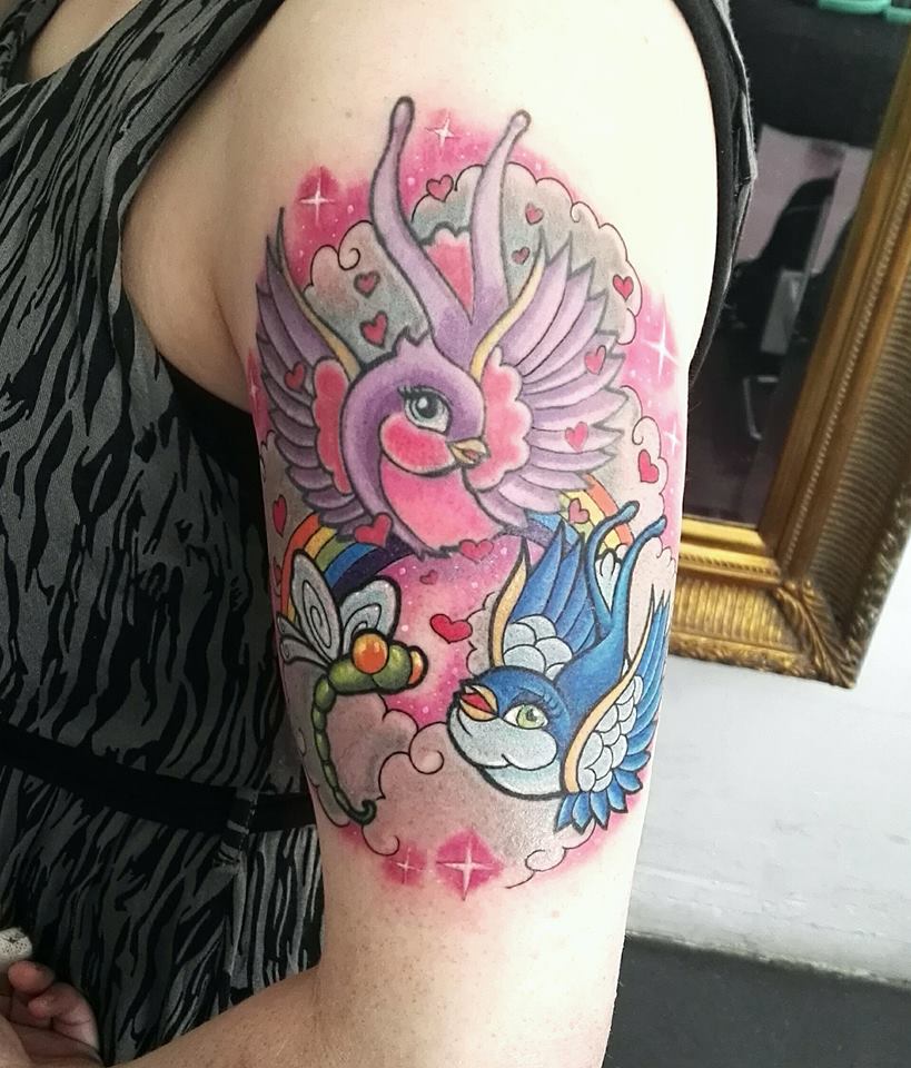 Colorful Swallow Dragonfly Fish Tattoo Idea