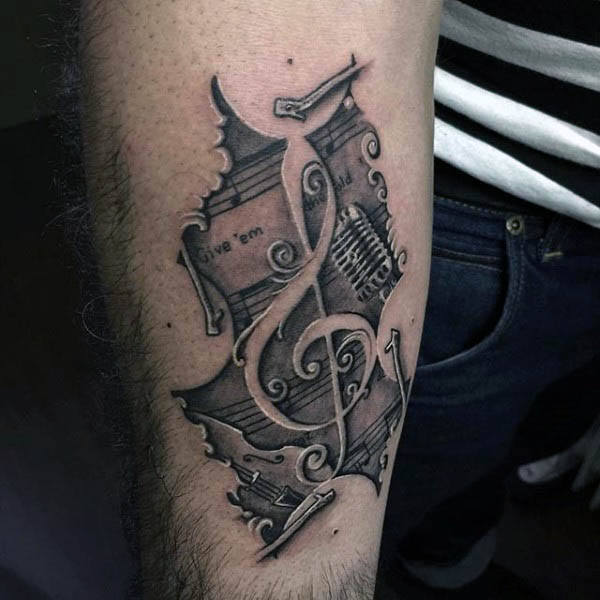 Cool 3d treble clef inner forearm tattoo on gentleman