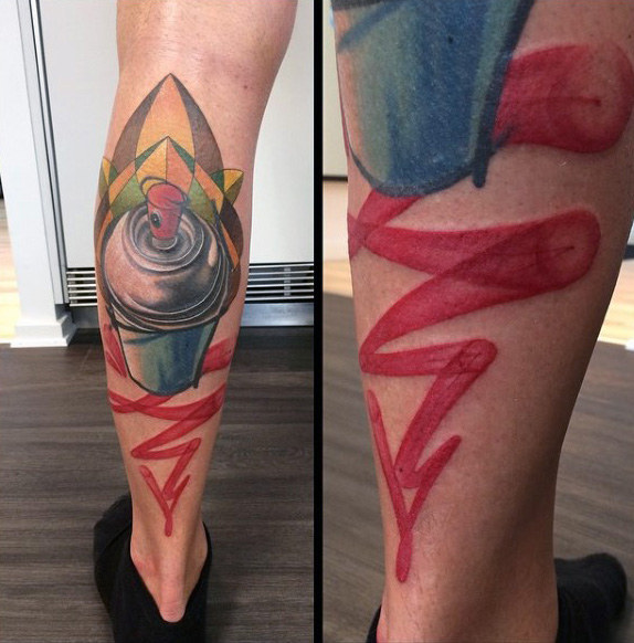 Cool aerosol paint can graffiti spray tattoo on back of leg for men