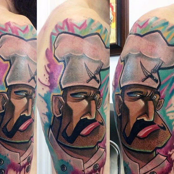 Cool creative mens graffiti cooking chef themed tattoo on upper arm