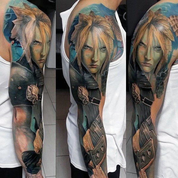 Cool final fantasy full arm sleeve tattoo ideas for men