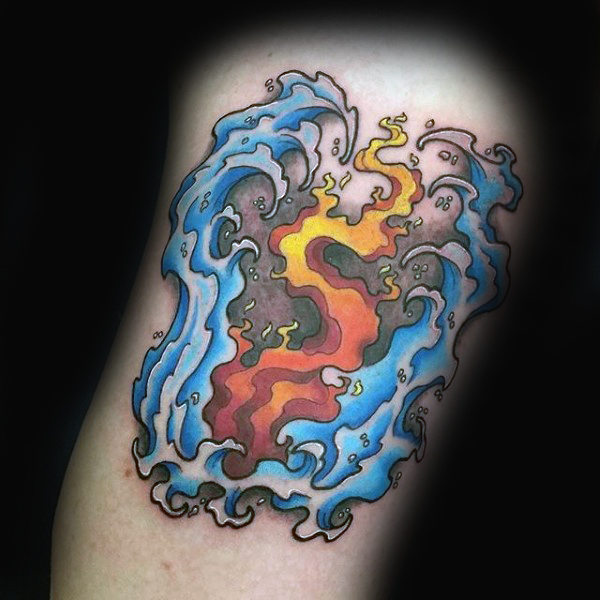 Cool fire and water male thigh tattoo