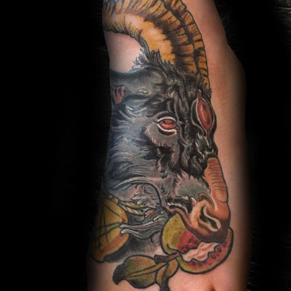Cool goat capricorn mens foot tattoo with neo traditional design