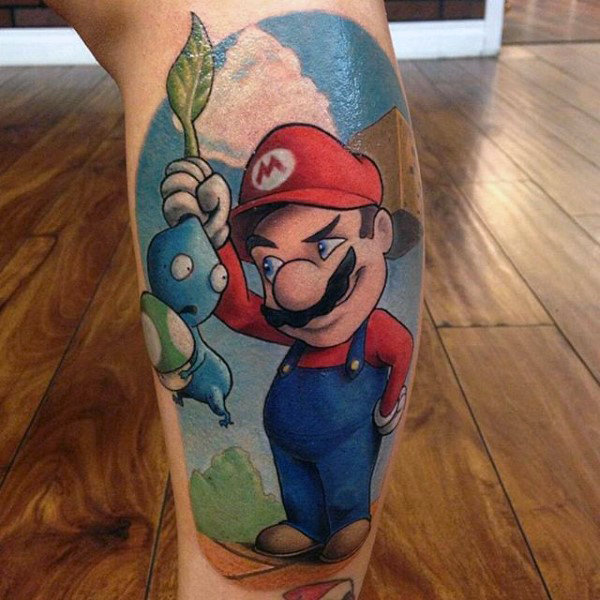 Cool mario realistic mens tattoos on legs