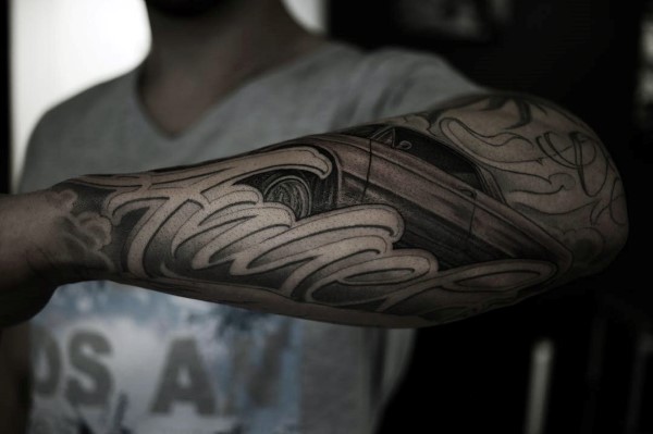 Cool script outer forearm shaded tattoos for males