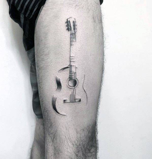 Cool sketched simple music guitar thigh tattoo for men