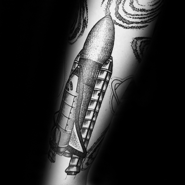 Cool spaceship forearm tattoo design ideas for males