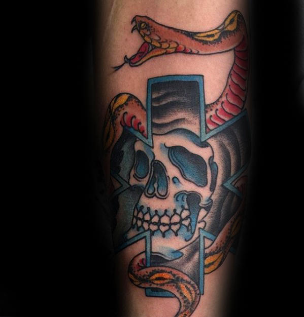 Cool star of life skull retro old school traditional tattoos for men on forearm Cool star of life skull retro old school traditional tattoos for men on forearm