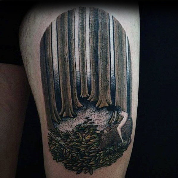 Cool tattoo naked woman in creepy forest thigh tattoo on man