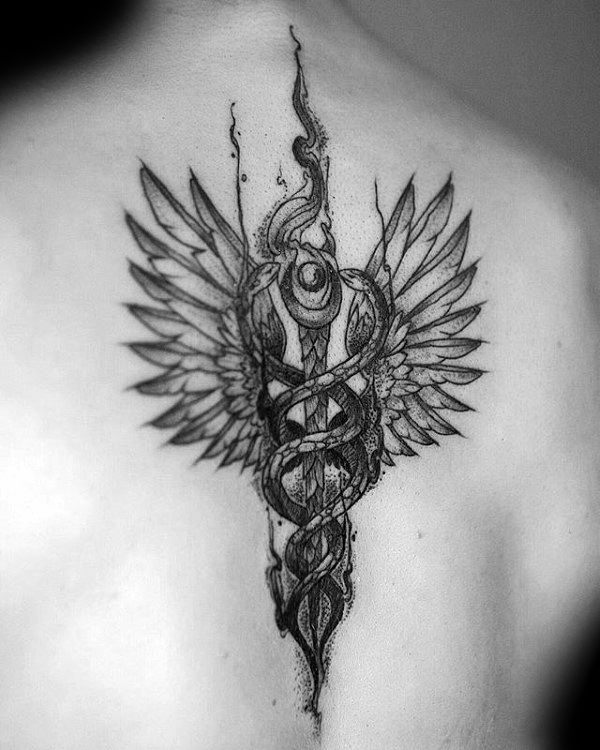 Creative shaded caduceus male upper back tattoo design ideas