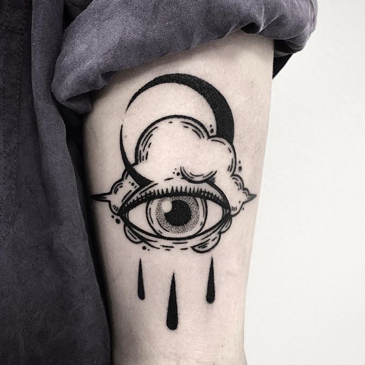 Crying Eye Cloud And Crescent Moon Tattoo