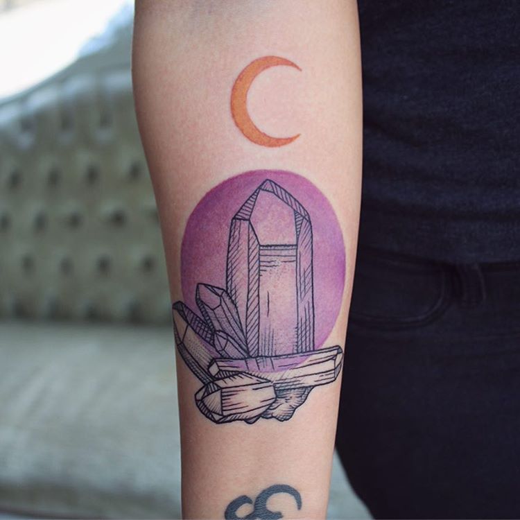 Crystals, Purple Circle And Crescent Moon Tattoo