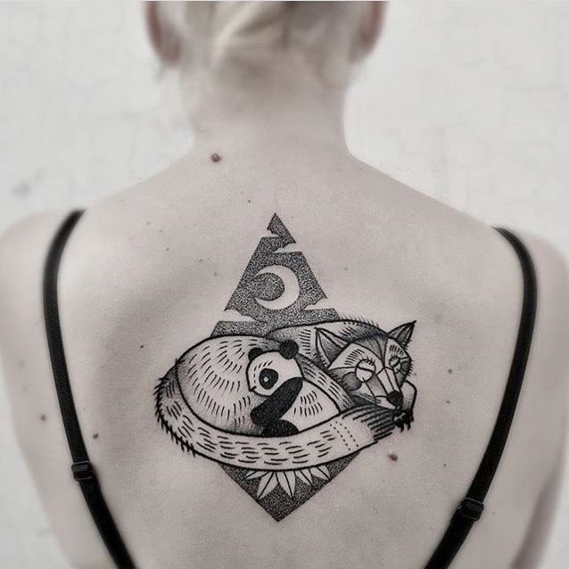 Cute Sleeping Fox And Panda Tattoo