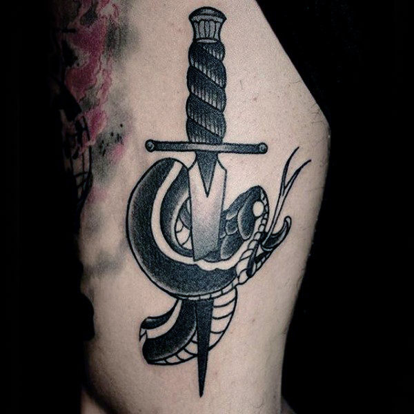 Dagger piercing grey snake tattoo male arms
