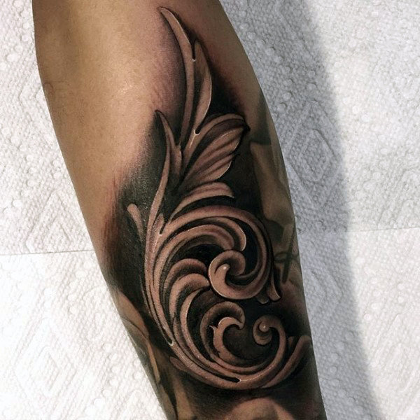 Detailed filigree mens 3d forearm tattoo