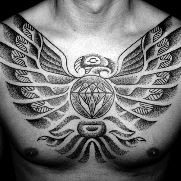 Dotted grey haida bird tattoo male chest