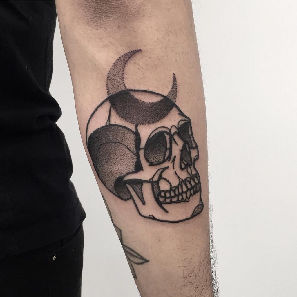Dotwork Skull And Crescent Moon Tattoo