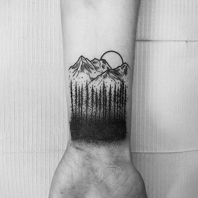 Dotwork Trees Mountains And Sun Tattoo