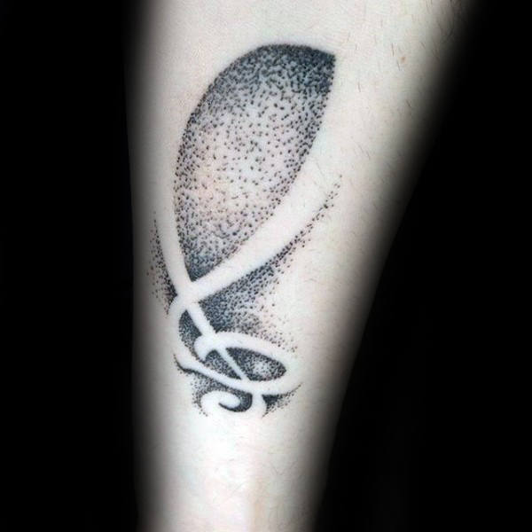 Dotwork music note negative space mens small forearm tattoo