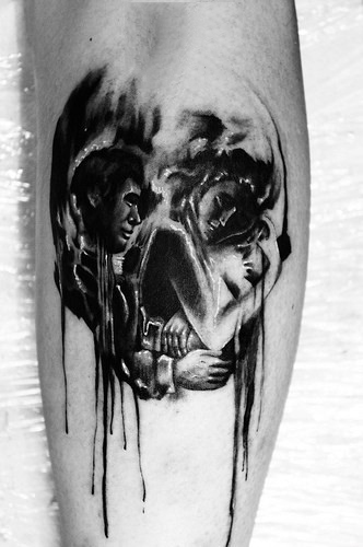 Dripping watercolor skull optical illusion mens leg calf tattoo
