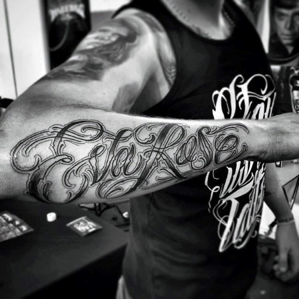 Esther rose guys script outer forearm tattoo inspiration